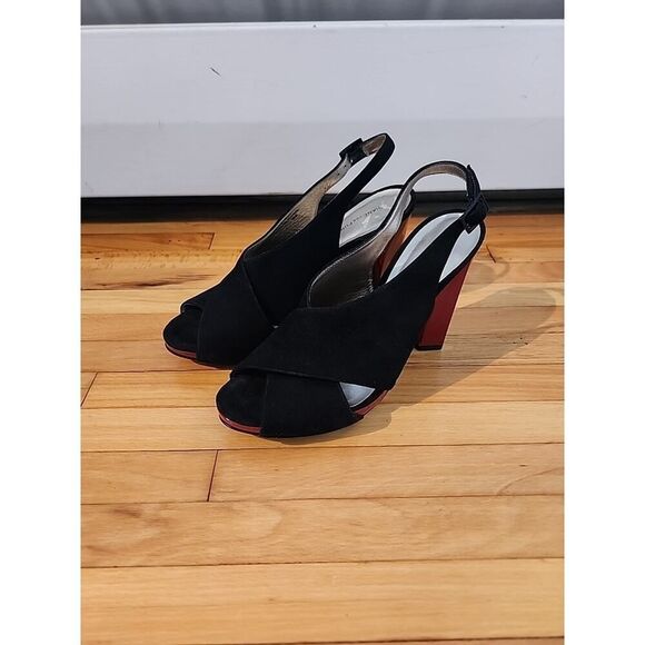 Diane Von Furstenberg Black Suede Criss Cross Strap Slingback Heels Shoes Red 8 - Picture 1 of 8